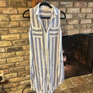 Blue and White Striped Sleeveless Shirt Dress